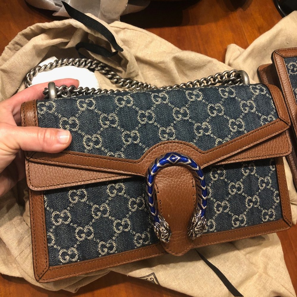 Gucci Small Dionysus Shoulder Bag in Blue and Ivory GG NEW WITH DUST BAG